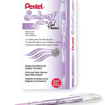 Pentel Sunburst Metallic Gel Pen, 0.8mm Tip Writes 0.4mm Line, Violet/Transparent Barrel Violet Ink, Box of 12 (K908-MV) by Pentel