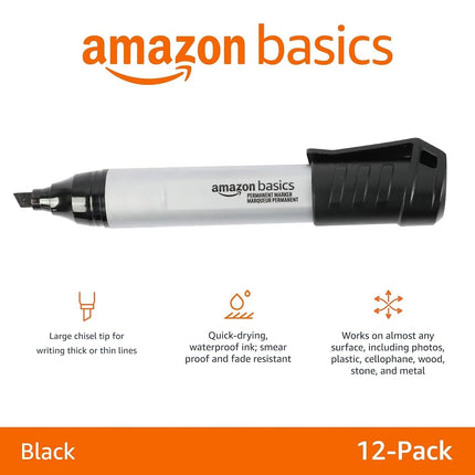 Amazon Basics Professional Permanent Marker Pens, Chisel Tip, Black, 12-Pack