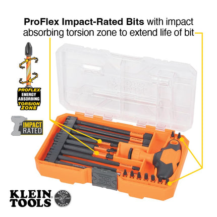 KLEIN TOOLS 33804 Proflex Impact-Rated Interchangeable Ratcheting T-Handle Set, Torsion Zone, Magnetic Bit Holder, SAE, Metric, TORX, 23-Piece