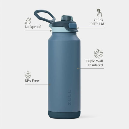 ZULU Powerfill Pro 40oz Stainless Steel Water Bottle with Quick Fill Lid, Triple Walled Vacuum Insulated Metal, Leak Proof Locking Lid, Sip and Chug, Reusable BPA Free, High Tide