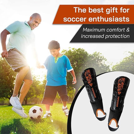 Vizari Malaga Football Shin Pads - Adults & Kids Shin Guards With Ankle Support - Non-Slip Adjustable Straps For Men and Women, Black/Orange XX - Small