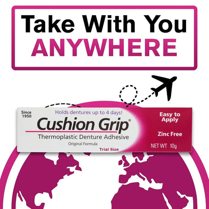 Cushion Grip Thermoplastic Denture Adhesive, 0.35 oz (Travel Size) | Refits and Tightens Loose Dentures for Up to 4 Days | Non-Glue, Zinc-Free, Waterproof Formula, Acts Like a Soft Reliner