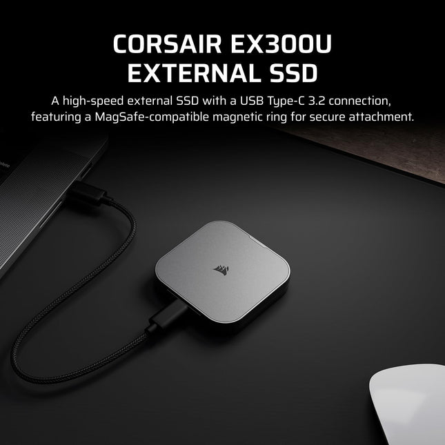 Corsair EX300U 1TB Portable External USB-C SSD – USB 3.2 Type-C Gen2 Connection, Plug and Play, MagSafe, Cable Included – Windows PC, macOS, iOS, iPadOS, Android – Grey
