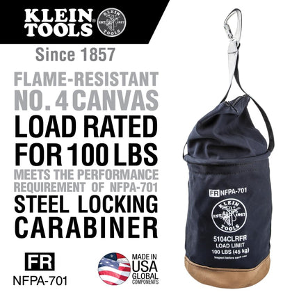 Klein Tools 5104CLRFR Canvas Bucket, Flame-Resistant Top Closing Tool Bucket, with Double-Reinforced Bottom, 100-Pound Load Rated