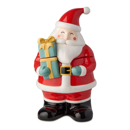 Christmas Whimsy Santa 3D Ceramic Cookie Jar with Gift – Holiday Jar for Treats, Cookies, Candy – Sculpted Santa Claus with Hand-Painted Details – Festive Kitchen Décor, 56 oz Capacity