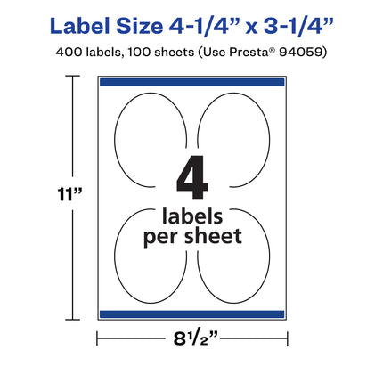 Avery Matte White Oval Labels with Sure Feed, 4.25" x 3.25", 400 Matte White Printable Labels