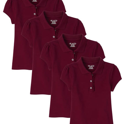 The Children's Place Polo Piqué de Manga Corta con Volantes para Niñas, Paquete de 4 Color Rubí, Grande