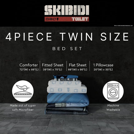 Franco Comforter and Sheet Set, Microfiber, Blue-Skibidi Toilet, 4 Piece Twin Size