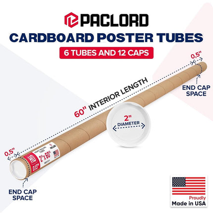 Paclord 2" x 60" Heavy-Duty Reinforced Cardboard Mailing Tube, Pack of 6 Tubes with 12 Caps – Secure USPS Approved – Great for Shipping and Storing of Prints, Artwork, Posters or Documents