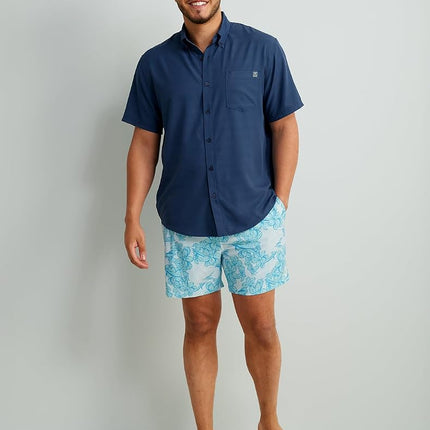 HUK Standard Kona Pattern Short Sleeve Fishing Button Down Shirt for Men, Cross Dye Stripe-Sargasso Sea