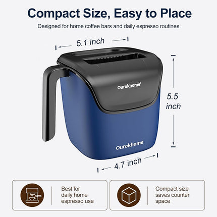 Ourokhome Espresso Knock Box with Lid, Compact Coffee Grounds Container for Home Coffee Bar, Removable Knock Bar, 304 Stainless Steel Exterior, Non-Slip Base & Handle, Easy Clean (Deep Blue)