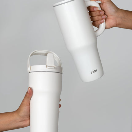 Zak Designs Sutton Travel Tumbler for On The Go, 40oz Stainless Steel with Vacuum Insulation, Silicone Straw, and Carry Handle for Cold Drinks (Cream White)