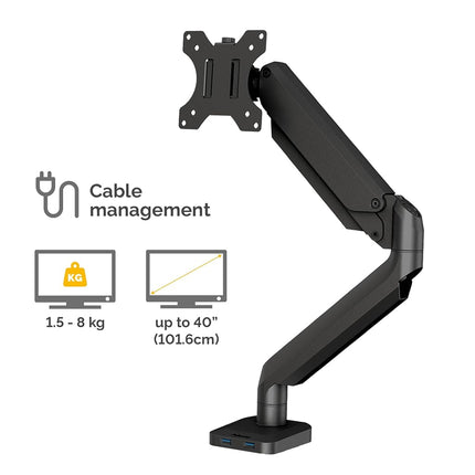 Fellowes Single Monitor Arm - Platinum Series Mount for 8KG 32 inch Screens - Ergonomic Adjustable Arm Desk Mount - Tilt 45° Swivel 360° Rotation 360°, VESA 75 x 75/100 x 100 - Black