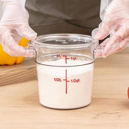 Restaurantware-Met Lux 1 Quart Food Storage Container, 1 Round Commercial Storage Container - Lid Sold Separately, with Volume Markers, Clear Plastic Food Prep Bucket, Space-Saving Storage