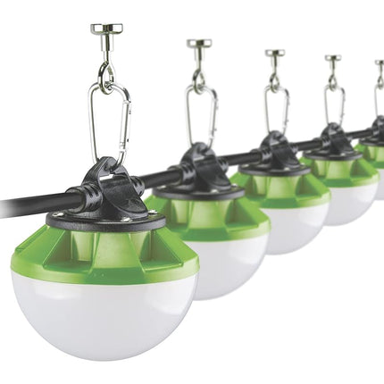 POWERSMITH PTLH54S-60M 50 ft. 7,500 Lumen 60W Integrated Weatherproof 5-Head Linkable LED Construction String Lights with Metal Carabiners and Magnets and 2 Year Warranty