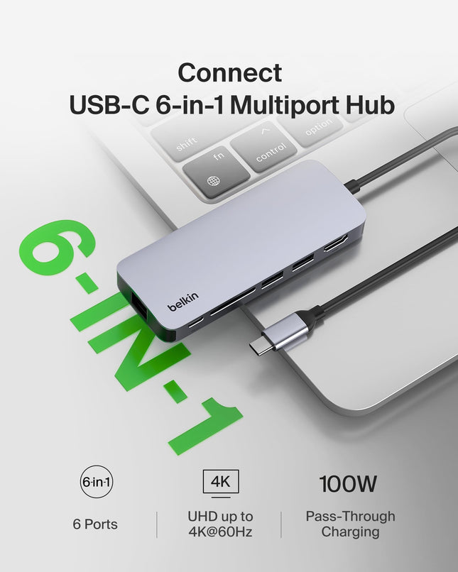 Belkin USB-C Hub 6 in 1 100W PD 4K HDMI, Ethernet & SD
