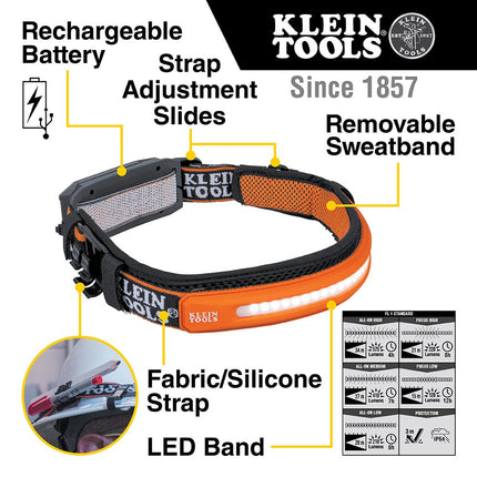 KLEIN TOOLS 56308 Linterna Frontal Recargable con Correa, 575 Lúmenes, LED de Haz Ancho, Modos de Iluminación Total o Foco Directo, para Trabajo y Exteriores
