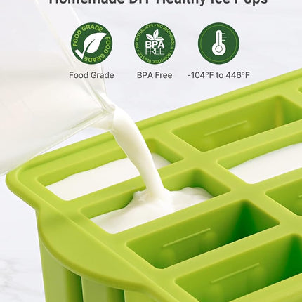MEETRUE 12 Piece Silicone Popsicle Molds, BPA-Free, Green, Round, Ice Pop Maker with 50pcs Sticks & Cleaning Brush