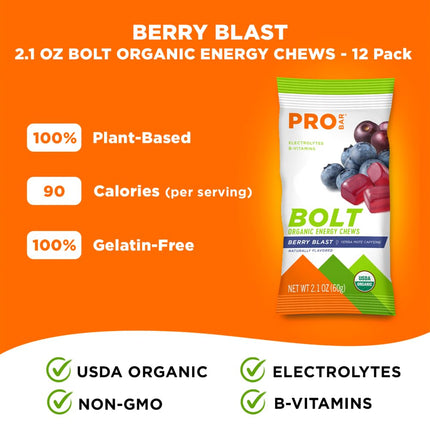PROBAR - BOLT Organic Energy Chews, Berry Blast, 12 Count - USDA Organic, Gluten-Free, Fast Fuel Gummies