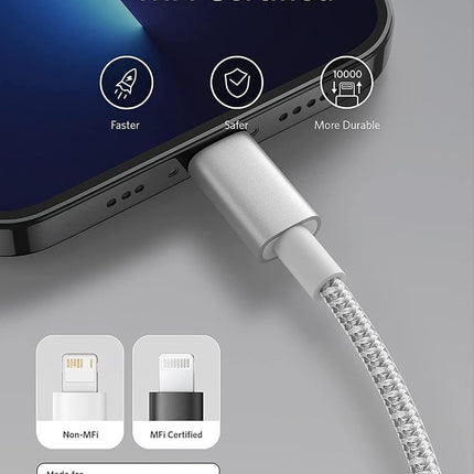 Anker USB C to Lightning Cable, New Nylon USB-C to Lightning Charging Cord [10ft MFi Certified] for iPhone 13 13 Pro 12 Pro Max 12 11 X XS XR 8 Plus, AirPods Pro, Supports Power Delivery (Silver)