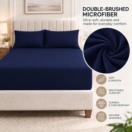 Cathay Luxury Silky Soft Polyester Single Fitted Sheet, King Size, Navy Blue