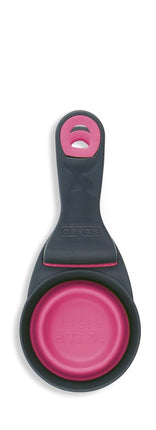 Dexas Popware for Pets Collapsible Klip Scoop, 3 in 1 Design Convenient Measuring Cup, Food Scooper and Bag Clip, ½ Capacity Pet Food Scoop, Versatile Food Measuring Cups Portion Control Gray/Pink