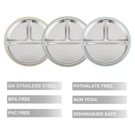PandaEar 3 Pack Stainless Steel Baby Suction Plates, Divided Toddler Plate for Baby Led Weaning Supplies, Non-Slip Toddler Baby Feeding Set Dishwasher Safe (Blue/Green/Brown)