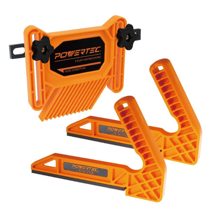 POWERTEC 72096 Universal Featherboard 1PK for Multi-Functional Woodworking w/Flex and Miter Lock System and 2pc Deluxe Push Sticks for Table Saws, Router Tables, Band Saws & Jointers