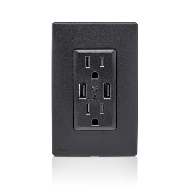 Leviton RUAA1-OB Renu Cargador USB/Receptáculo Doble Resistente a Manipulaciones, 15A-125VAC, Negro Ónix 15-Amp