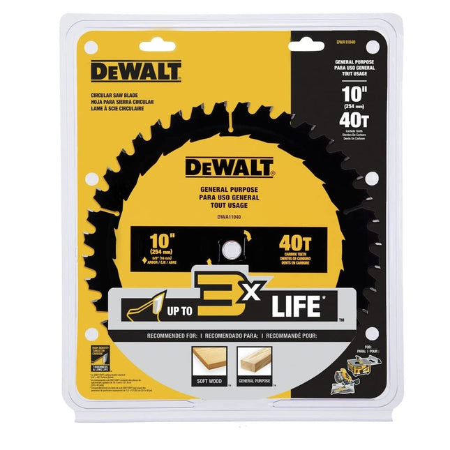 Hoja para sierra de mesa DEWALT, 10", 40 dientes, con acabado fino, carburo ultra afilado (DWA11040)