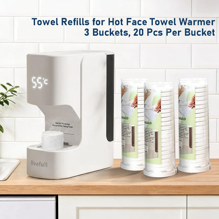 LiveFull Towel Refills for Hot Face Towel Heater Machine, 60 Pcs Disposable Compressed Face Towels for Smart Towel Warmer, 3 Buckets, 20 Pcs Per Bucket