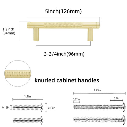 POVEFONK 10 Pack 3-3/4 inch(96mm) Brushed Gold Kitchen Cabinet Handles Knurled Cabinet Pulls Gold Drawer Pulls Kitchen Hardware