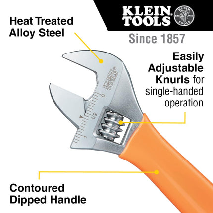 KLEIN TOOLS O5078 Adjustable Wrench, Precision Forged 1 1/2-Inch Extra-Capacity Jaw, SAE and Metric Scales, Plastic-Dipped Handle, 8-Inch