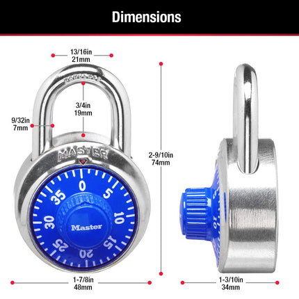 Candado de combinación para casillero Master Lock 1506D, paquete de 4, azul