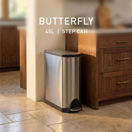 simplehuman CW1897 45L Slim Butterfly Kitchen Pedal Bin, Strong Steel Pedal, Silent Soft Close Lid, Stay-Open Lid, Non-Skid Base, Fingerprint-Proof, Inner Bucket, Brushed Stainless Steel