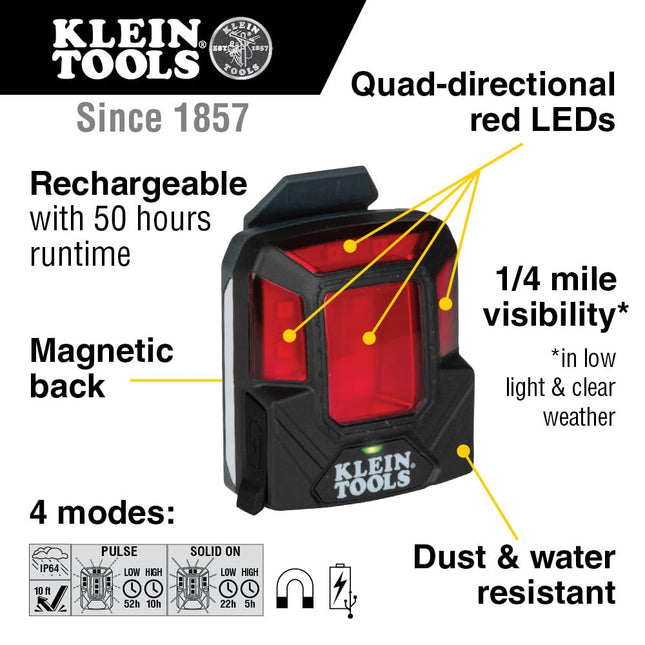 Rechargeable LED Safety Lamp with Magnet, 4-Modes, Mounts to Klein Hard Hats and Safety Helmets, Red Light Klein Tools 56063
