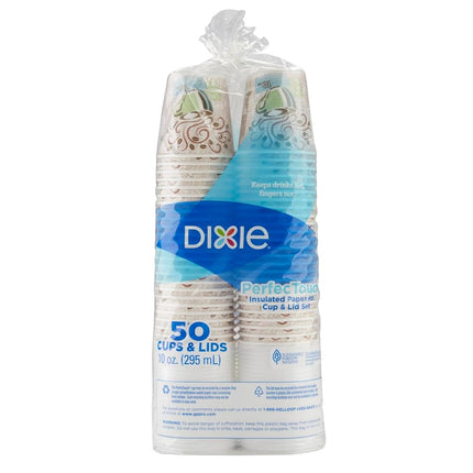 Dixie PerfecTouch Paper Hot Cups and Lids Combo, 10 oz, Multicolor, 50 Cups/Lids/Pack