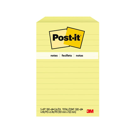 Post-it Notes, 4 in x 6 in, 5 Lined Sticky Notes Pads, 100 Sheets per Pad, Canary Yellow, The Original Post-it Note, School Supplies and O?ce Products