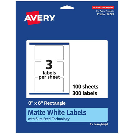 Avery Matte White Rectangle Labels, Sure Feed Technology, 3" x 6", 300 Matte White Printable Labels