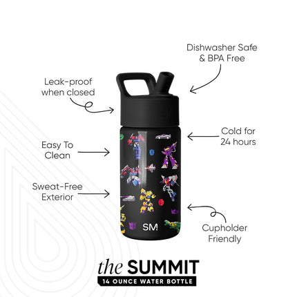 Simple Modern Transformers Kids Water Bottle with Straw Lid | Reusable Insulated Stainless Steel Cup for School | Summit Collection | 14oz, Transformer Block Nation
