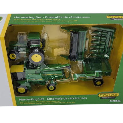John Deere 1/64 Scale 5 pc Harvesting Set 4555 Tractor, 7720 Combine w/2 Heads, 500 Grain Cart