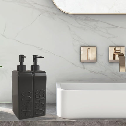 Karisky Ceramic Soap Dispenser Set, 2 Pack Kitchen Soap Dispenser with Funnel, Non-Slip Silicone Pads, Liquid Hand Soap and Dish Soap Dispenser for Kitchen, Bathroom, Matte Black