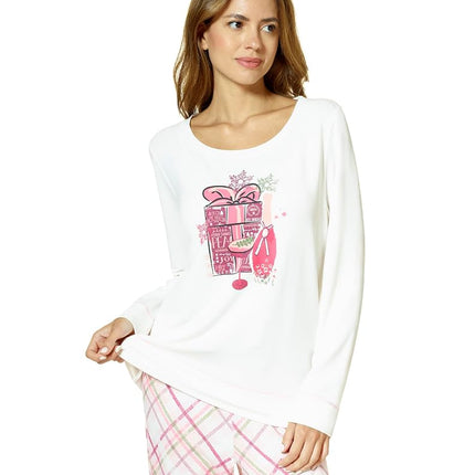 HUE Pyjama femme et bas de pyjama, collection Noël et Fêtes, Egret Giving Spirits - T-shirt ras du cou à manches longues, S