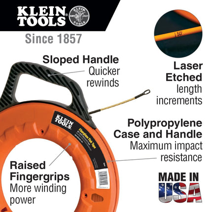 Fish Tape 61 m is Non-Conductive Fiberglass, Flexible for Conduit Measuring as Pull Line Klein Tools 56014