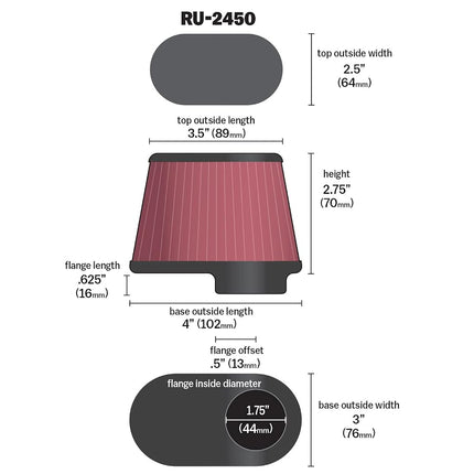 K&N Universal Clamp-On Air Filter: High Performance, Premium, Replacement Engine Filter: Flange Diameter: 1.75 In, Filter Height: 2.75 In, Flange Length: 0.625 In, Shape: Oval Straight, RU-2450