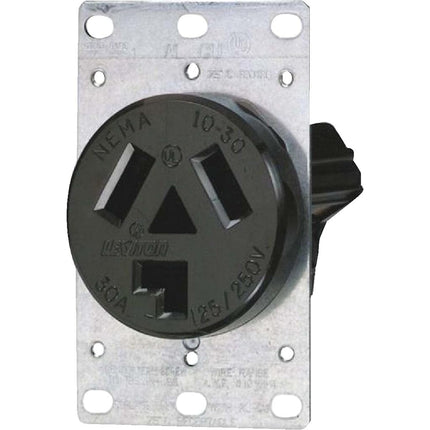 Leviton 5207-S10, 30 amperios, 125/250 voltios, NEMA 10-30R, 3P, 3W, receptáculo de montaje empotrado, hoja recta, grado industrial, sin toma a tierra, AL-CU, cableado lateral, correa de acero-negro, sin tamaño