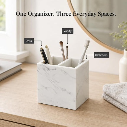 SIRIZEN-DIVING White Marble Pen Holder with 2 Compartments 3.94 Inch