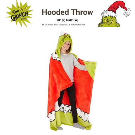 Franco Dr. Seuss The Grinch Holiday Christmas Kids Bedding Soft Cozy Hooded Throw Blanket, 40 in x 50 in, (Officially Licensed Product)