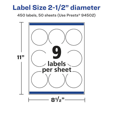 Étiquettes rondes Avery blanc brillant avec Sure Feed, diamètre de 6,35 cm, 450 étiquettes blanc brillant, impression bord à bord, adhésif permanent, compatibles laser/jet d'encre