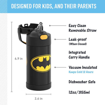 THERMOS FUNTAINER 12 Ounce Stainless Steel Vacuum Insulated Kids Straw Bottle, Batman